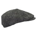 Vue de profil d'une casquette Baker Boy Harris Tweed® Steel Grey montrant la coupe traditionnelle à huit pans et le bouton central.