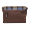 Vue arrière de la sacoche Harris Tweed® au motif tartan bleu, gris et marron révélant le corps en toile de coton marron robuste et une large poche zippée horizontale pour un accès rapide.
