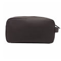 Vue de l'arrière de la grande trousse de toilette Harris Tweed® montrant la surface en cuir végan marron et la poignée de transport latérale.