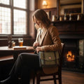 Petite sacoche en Harris Tweed® chevron vert-bleu portée à l'épaule par une femme assise dans un pub devant une cheminée.