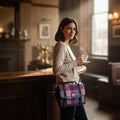Femme debout près d'un comptoir de pub portant la petite sacoche Harris Tweed® tartan rose, bleu et violet à l'épaule.