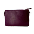 Dos en cuir végan prune de la pochette bandoulière Harris Tweed® tartan, design sophistiqué et finitions robustes.