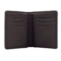 Portefeuille deux volets Harris Tweed® ouvert montrant l'intérieur en cuir végan marron avec des compartiments pour cartes.