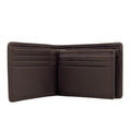 Portefeuille 3 volets Harris Tweed® ouvert en deux, montrant les premiers compartiments pour cartes et le cuir végan marron.