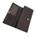 Vue intérieure du portefeuille enveloppe Harris Tweed® totalement ouvert, montrant les fentes pour cartes et la grande poche zippée en cuir végan noir.