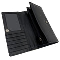 Vue intérieure du portefeuille enveloppe Harris Tweed® totalement ouvert, montrant les fentes pour cartes et la grande poche zippée en cuir végan noir.