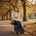 Femme assise sur un banc de parc portant le sac bandoulière carré Harris Tweed® tartan jaune, bleu et rouge sur un trench beige.