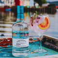 Bouteille de Gin Botanique Distilled Gin Tobermory Hebridean Gin et verre de cocktail posés devant la baie de Tobermory sur l'île de Mull
